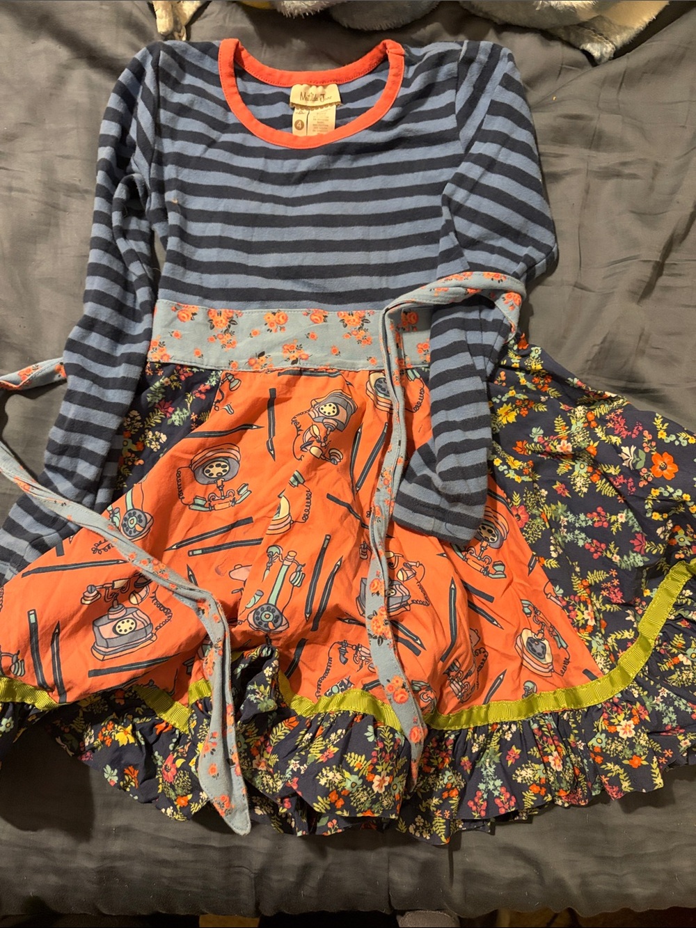 Matilda Jane Navy, Light Blue & Orange Mixed-Print Tie-Waist Girls Dress